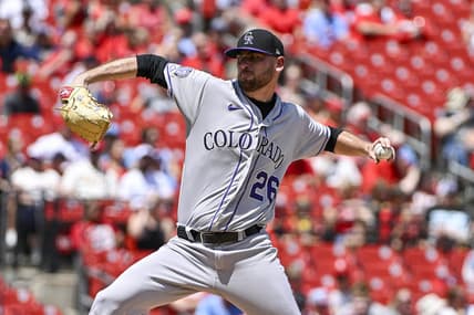 Aug 6, 2023; St. Louis, Missouri, USA;  Colorado Rockies starting pitcher Austin Gomber (26) pitches against the St. Louis Cardinals during the second inning at Busch Stadium. Mandatory Credit: Jeff Curry-USA TODAY Sports