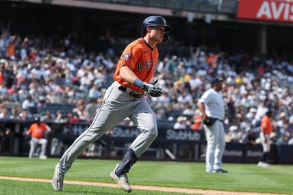 Aug 6, 2023; Bronx, New York, USA; Houston Astros center fielder Jake Meyers (6) runs the bases after his three-run home run during the sixth inning against New York Yankees relief pitcher Wandy Peralta (58) at Yankee Stadium. Mandatory Credit: Vincent Carchietta-USA TODAY Sports