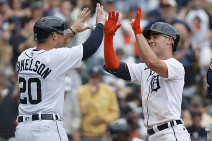 Aug 6, 2023; Detroit, Michigan, USA; Detroit Tigers designated hitter Kerry Carpenter (30) receives congratulations from first baseman Spencer Torkelson (20) after he hits a two run home run in the seventh inning against the Tampa Bay Rays at Comerica Park. Mandatory Credit: Rick Osentoski-USA TODAY Sports
