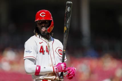 Aug 6, 2023; Cincinnati, Ohio, USA; Cincinnati Reds shortstop Elly De La Cruz (44) at bat during the seventh inning against the Washington Nationals at Great American Ball Park. Mandatory Credit: Katie Stratman-USA TODAY Sports