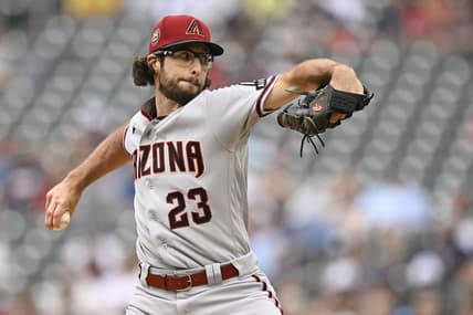 Aug 6, 2023; Minneapolis, Minnesota, USA; Arizona Diamondbacks pitcher Zac Gallen (23) delivers a pitch against the Minnesota Twins during the second inning at Target Field. Mandatory Credit: Nick Wosika-USA TODAY Sports