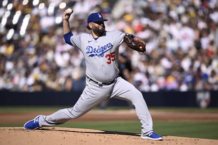 Aug 6, 2023; San Diego, California, USA; Los Angeles Dodgers starting pitcher Lance Lynn (35) throws a pitch against the San Diego Padres during the first inning at Petco Park. Mandatory Credit: Orlando Ramirez-USA TODAY Sports