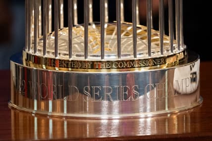 Aug 7, 2023; Washington, DC, USA; The MLB 2022 World Series trophy and a Houston Astros jersey are visible as President Joe Biden welcomes the team to the White House to celebrate their MLB 2022 World Series victory Monday, Aug. 7, 2023. Mandatory Credit: Josh Morgan-USA TODAY