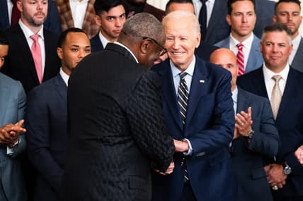 Aug 7, 2023; Washington, DC, USA; President Joe Biden shakes hands with Houston Astros manager Dusty Baker to the White House to celebrate their MLB 2022 World Series victory Monday, Aug. 7, 2023. Mandatory Credit: Josh Morgan-USA TODAY