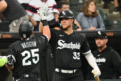 Aug 7, 2023; Chicago, Illinois, USA; Chicago White Sox infielder Gavin Sheets (32) congratulates outfielder Andrew Vaughn (25) after his two-run home run in the second inning against the New York Yankees at Guaranteed Rate Field. Mandatory Credit: Jamie Sabau-USA TODAY Sports