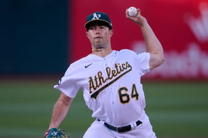 Aug 7, 2023; Oakland, California, USA; Oakland Athletics starting pitcher Ken Waldichuk (64) throws a pitch against the Texas Rangers during the first inning at Oakland-Alameda County Coliseum. Mandatory Credit: Robert Edwards-USA TODAY Sports