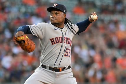 Aug 8, 2023; Baltimore, Maryland, USA;  Houston Astros starting pitcher Framber Valdez (59) throws a first inning pitch against the Baltimore Orioles at Oriole Park at Camden Yards. Mandatory Credit: Tommy Gilligan-USA TODAY Sports