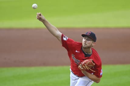 Aug 8, 2023; Cleveland, Ohio, USA; Cleveland Guardians starting pitcher Tanner Bibee (61) delivers a pitch in the first inning against the Toronto Blue Jays at Progressive Field. Mandatory Credit: David Richard-USA TODAY Sports