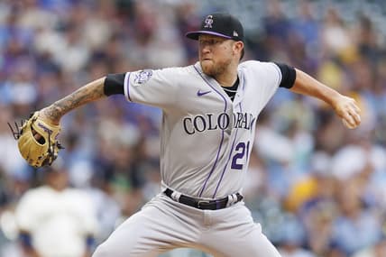 Aug 8, 2023; Milwaukee, Wisconsin, USA;  Colorado Rockies pitcher Kyle Freeland (21) throws a pitch during the first inning against the Milwaukee Brewers at American Family Field. Mandatory Credit: Jeff Hanisch-USA TODAY Sports