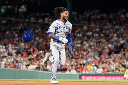 Aug 8, 2023; Boston, Massachusetts, USA; Kansas City Royals third baseman Maikel Garcia (11) steals third base during the sixth inning against the Boston Red Sox at Fenway Park. Mandatory Credit: Eric Canha-USA TODAY Sports