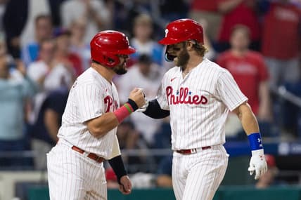 Aug 8, 2023; Philadelphia, Pennsylvania, USA; Philadelphia Phillies designated hitter Bryce Harper (3) celebrates with left fielder Kyle Schwarber (12) after hitting a two RBI home run fifth inning against the Washington Nationals at Citizens Bank Park. Mandatory Credit: Bill Streicher-USA TODAY Sports
