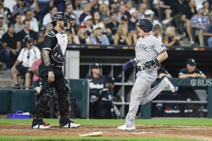 Aug 8, 2023; Chicago, Illinois, USA; New York Yankees center fielder Harrison Bader (22) scores against the Chicago White Sox during the fourth inning at Guaranteed Rate Field. Mandatory Credit: Kamil Krzaczynski-USA TODAY Sports
