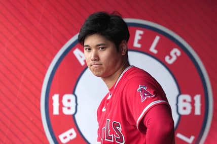 Aug 8, 2023; Anaheim, California, USA; Los Angeles Angels designated hitter Shohei Ohtani (17) watches from the dugout in the first inning against the San Francisco Giants at Angel Stadium. Mandatory Credit: Kirby Lee-USA TODAY Sports