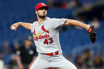 Aug 9, 2023; St. Petersburg, Florida, USA;  St. Louis Cardinals relief pitcher Dakota Hudson (43) throws a pitch against the Tampa Bay Rays in the first inning at Tropicana Field. Mandatory Credit: Nathan Ray Seebeck-USA TODAY Sports