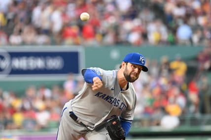 Aug 9, 2023; Boston, Massachusetts, USA;Kansas City Royals starting pitcher Jordan Lyles (24) pitches against the Boston Red Sox during the first inning at Fenway Park. Mandatory Credit: Eric Canha-USA TODAY Sports