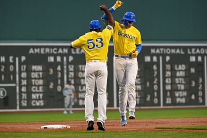 Aug 9, 2023; Boston, Massachusetts, USA;Boston Red Sox first baseman Triston Casas (36) celebrates his home run against the Kansas City Royals with third base coach Carlos Febles (53)  during the second inning at Fenway Park. Mandatory Credit: Eric Canha-USA TODAY Sports