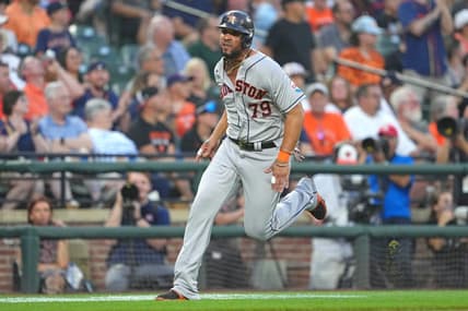 Aug 9, 2023; Baltimore, Maryland, USA; Houston Astros first baseman Jose Abreu (79) rounds third base to score on a single by Jose Altuve (not shown) in the second inning against the Baltimore Orioles at Oriole Park at Camden Yards. Mandatory Credit: Mitch Stringer-USA TODAY Sports