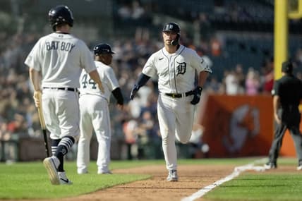Aug 9, 2023; Detroit, Michigan, USA;  Detroit Tigers first baseman Spencer Torkelson (20) reaches home after hitting his second home run of the game against the Minnesota Twins in the seventh inning at Comerica Park. Mandatory Credit: Lon Horwedel-USA TODAY Sports