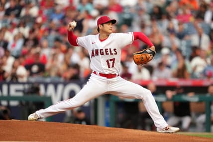 Aug 9, 2023; Anaheim, California, USA; Los Angeles Angels starting pitcher Shohei Ohtani (17) throws in the first inning against the San Francisco Giants at Angel Stadium. Mandatory Credit: Kirby Lee-USA TODAY Sports