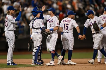 Aug 9, 2023; New York City, New York, USA; New York Mets second baseman Jeff McNeil (1) high fives teammates after defeating the Chicago Cubs at Citi Field. Mandatory Credit: John Jones-USA TODAY Sports