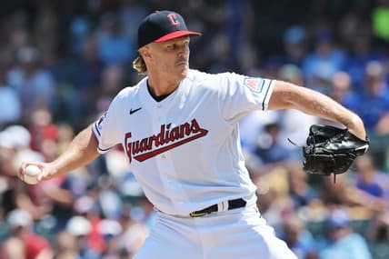 Aug 10, 2023; Cleveland, Ohio, USA; Cleveland Guardians starting pitcher Noah Syndergaard (34) throws a pitch during the first inning against the Toronto Blue Jays at Progressive Field. Mandatory Credit: Ken Blaze-USA TODAY Sports