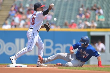 Aug 10, 2023; Cleveland, Ohio, USA; Cleveland Guardians shortstop Jose Tena (8) forces out Toronto Blue Jays left fielder Whit Merrifield (15) and completes the double play during the first inning at Progressive Field. Mandatory Credit: Ken Blaze-USA TODAY Sports