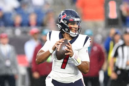 Aug 10, 2023; Foxborough, Massachusetts, USA; Houston Texans quarterback C.J. Stroud (7) looks to pass against the New England Patriots during the first half at Gillette Stadium. Mandatory Credit: Brian Fluharty-USA TODAY Sports