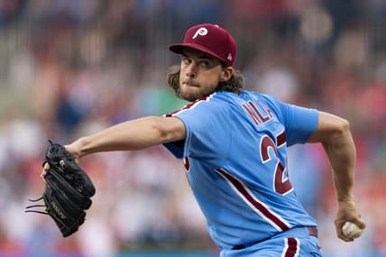 Aug 10, 2023; Philadelphia, Pennsylvania, USA; Philadelphia Phillies starting pitcher Aaron Nola (27) throws a pitch during the third inning against the Washington Nationals at Citizens Bank Park. Mandatory Credit: Bill Streicher-USA TODAY Sports