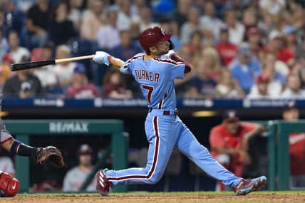 Aug 10, 2023; Philadelphia, Pennsylvania, USA; Philadelphia Phillies shortstop Trea Turner (7) hits a two RBI home run during the sixth inning against the Washington Nationals at Citizens Bank Park. Mandatory Credit: Bill Streicher-USA TODAY Sports