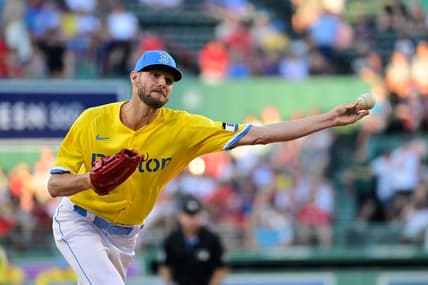 Aug 11, 2023; Boston, Massachusetts, USA; Boston Red Sox starting pitcher Chris Sale (41) pitches against the Detroit Tigers during the first inning at Fenway Park. Mandatory Credit: Eric Canha-USA TODAY Sports