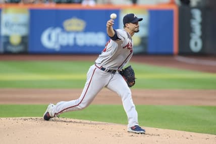 Aug 11, 2023; New York City, New York, USA;  Atlanta Braves starting pitcher Charlie Morton (50) pitches in the first inning against the New York Mets at Citi Field. Mandatory Credit: Wendell Cruz-USA TODAY Sports