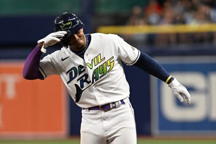 Aug 11, 2023; St. Petersburg, Florida, USA; Tampa Bay Rays shortstop Wander Franco (5) celebrates after hitting a two run single in the third inning  against the Cleveland Guardians at Tropicana Field. Mandatory Credit: Jonathan Dyer-USA TODAY Sports