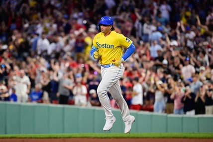 Aug 11, 2023; Boston, Massachusetts, USA; Boston Red Sox first baseman Triston Casas (36) runs the bases after hitting a two run home run during the fourth inning against the Detroit Tigers at Fenway Park. Mandatory Credit: Eric Canha-USA TODAY Sports