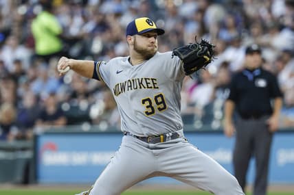 Aug 11, 2023; Chicago, Illinois, USA; Milwaukee Brewers starting pitcher Corbin Burnes (39) delivers a pitch against the Chicago White Sox during the first inning at Guaranteed Rate Field. Mandatory Credit: Kamil Krzaczynski-USA TODAY Sports