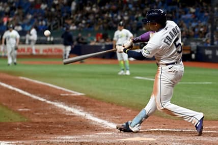 Aug 11, 2023; St. Petersburg, Florida, USA; Tampa Bay Rays shortstop Wander Franco (5) hits a walk off home run in the ninth inning against the Cleveland Guardians at Tropicana Field. Mandatory Credit: Jonathan Dyer-USA TODAY Sports