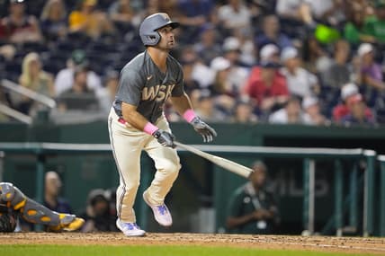 Aug 11, 2023; Washington, District of Columbia, USA;  Washington Nationals second baseman Jake Alu (39) watches his home run against the Oakland Athletics during the eighth inning at Nationals Park. Mandatory Credit: Gregory Fisher-USA TODAY Sports