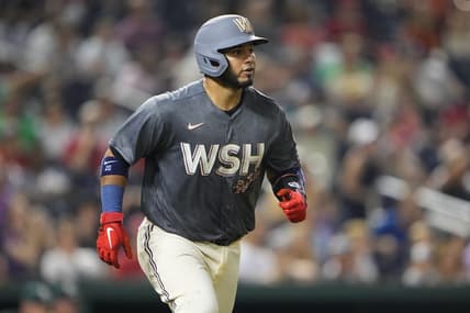 Aug 11, 2023; Washington, District of Columbia, USA; Washington Nationals catcher Keibert Ruiz (20) watches his home run against the Oakland Athletics during the fifth inning at Nationals Park. Mandatory Credit: Gregory Fisher-USA TODAY Sports