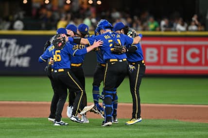 Aug 11, 2023; Seattle, Washington, USA; Seattle Mariners players celebrate defeating the Baltimore Orioles at T-Mobile Park. Mandatory Credit: Steven Bisig-USA TODAY Sports