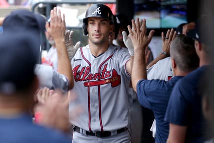 Aug 12, 2023; New York City, New York, USA; Atlanta Braves first baseman Matt Olson (28) celebrates his three run home run against the New York Mets during the sixth inning at Citi Field. Mandatory Credit: Brad Penner-USA TODAY Sports