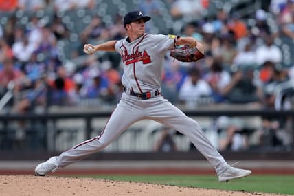 Aug 12, 2023; New York City, New York, USA; Atlanta Braves relief pitcher Allan Winans (72) pitches against the New York Mets during the seventh inning at Citi Field. Mandatory Credit: Brad Penner-USA TODAY Sports
