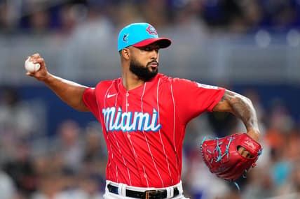 Aug 12, 2023; Miami, Florida, USA; Miami Marlins starting pitcher Sandy Alcantara (22) throws a pitch against the New York Yankees during the first inning at loanDepot Park. Mandatory Credit: Rich Storry-USA TODAY Sports
