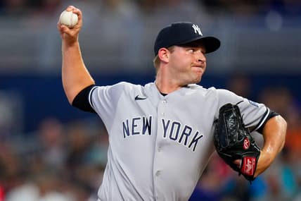 Aug 12, 2023; Miami, Florida, USA; New York Yankees relief pitcher Michael King (34) throws a pitch against the Miami Marlins during the first inning at loanDepot Park. Mandatory Credit: Rich Storry-USA TODAY Sports