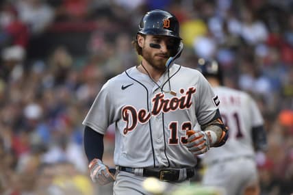 Aug 12, 2023; Boston, Massachusetts, USA;  Detroit Tigers catcher Eric Haase (13) heads to the dugout after hitting a home run against the Boston Red Sox during the fifth inning at Fenway Park. Mandatory Credit: Bob DeChiara-USA TODAY Sports