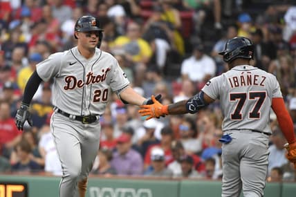 Aug 12, 2023; Boston, Massachusetts, USA;  Detroit Tigers second baseman Andy Ibanez (77) congratulates first baseman Spencer Torkelson (20) after hitting a home run during the sixth inning against the Boston Red Sox at Fenway Park. Mandatory Credit: Bob DeChiara-USA TODAY Sports