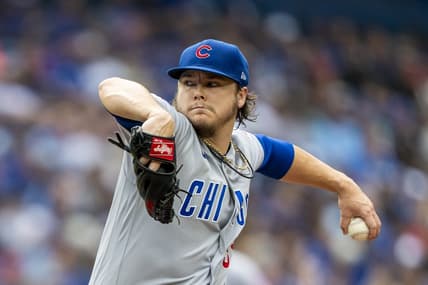 Aug 12, 2023; Toronto, Ontario, CAN; Chicago Cubs starting pitcher Justin Steele (35) pitches to the Toronto Blue Jays during the second inning at Rogers Centre. Mandatory Credit: Kevin Sousa-USA TODAY Sports