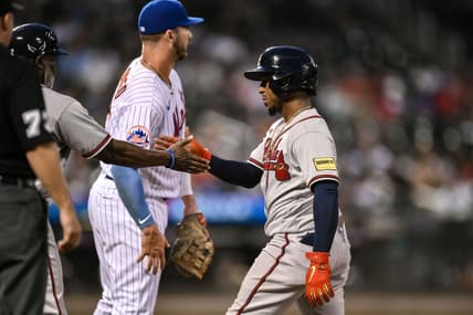 Aug 12, 2023; New York City, New York, USA; Atlanta Braves second baseman Ozzie Albies (1) reacts after hitting a single against the New York Mets during the fourth inning at Citi Field. Mandatory Credit: John Jones-USA TODAY Sports