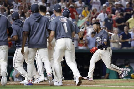 Aug 12, 2023; Washington, District of Columbia, USA; Washington Nationals catcher Keibert Ruiz (20) prepares to cross home plate after hitting a walk off home run against the Oakland Athletics during the ninth inning at Nationals Park. Mandatory Credit: Geoff Burke-USA TODAY Sports