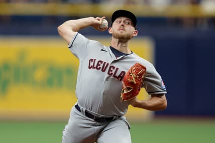 Aug 13, 2023; St. Petersburg, Florida, USA;  Cleveland Guardians starting pitcher Tanner Bibee (61) throws a pitch against the Tampa Bay Rays in the first inning at Tropicana Field. Mandatory Credit: Nathan Ray Seebeck-USA TODAY Sports