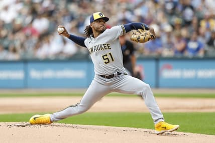 Aug 13, 2023; Chicago, Illinois, USA; Milwaukee Brewers starting pitcher Freddy Peralta (51) delivers a pitch against the Chicago White Sox during the first inning at Guaranteed Rate Field. Mandatory Credit: Kamil Krzaczynski-USA TODAY Sports