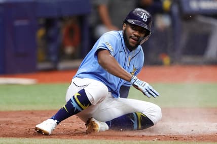 Aug 13, 2023; St. Petersburg, Florida, USA;  Tampa Bay Rays shortstop Oslevivis Basabe (37) scores a run against the Cleveland Guardians in the third inning at Tropicana Field. Mandatory Credit: Nathan Ray Seebeck-USA TODAY Sports